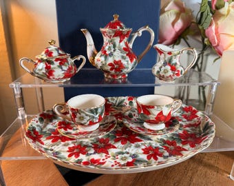 Servizio da tè e caffè vintage in ceramica, con scatola, a tema natalizio (stella di Natale), composto da 8 pezzi e decorato con stelle di Natale (B93-4-2).