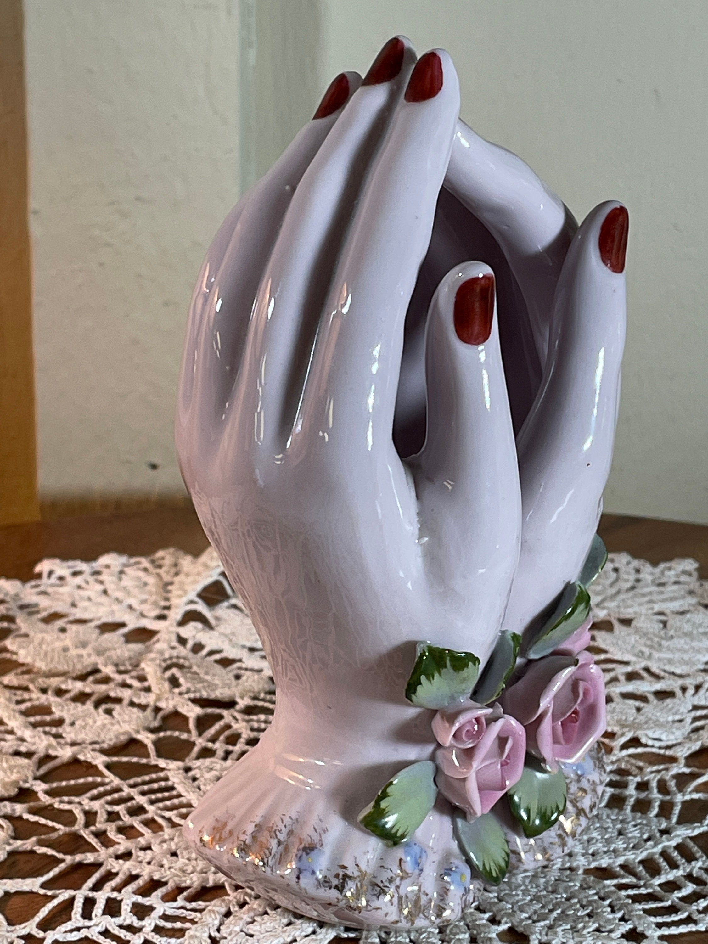 hand Flower 手 花瓶 オブジェ Vintage Hand Painted Porcelain, 6.5