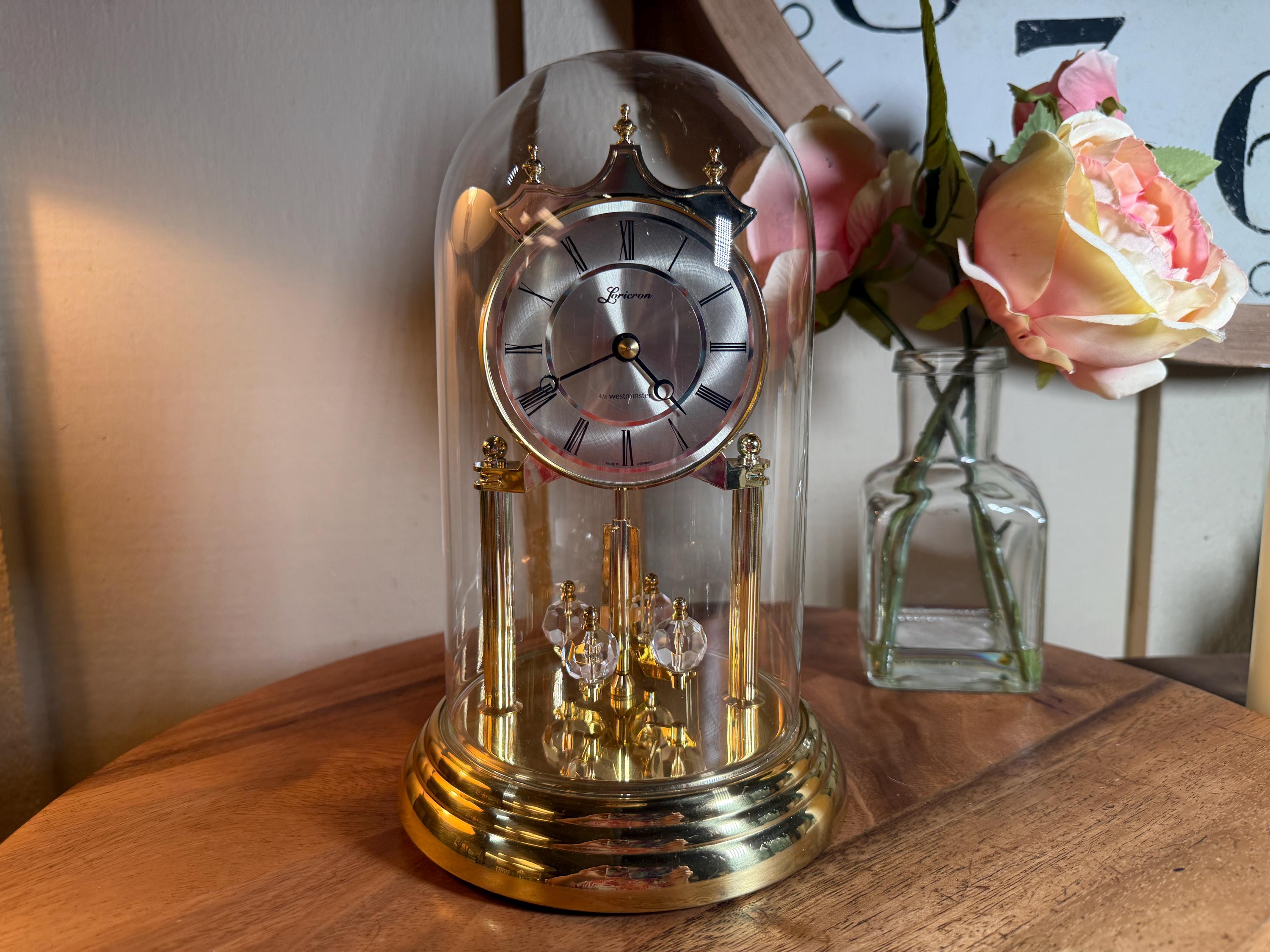Vintage, Glass Dome, Gold, Loriecron, Anniversary Clock, Quartz,