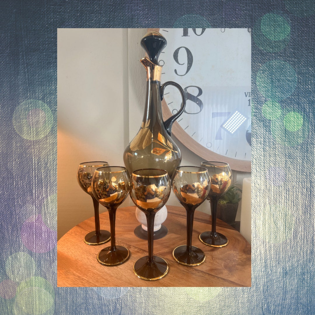 Vintage Smokey Grey With Gold Roses, Bohemian Glass Decanter and 5 ...