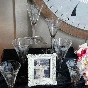 6PC, Vintage, Fluted, Lilly Etched, Ctystal Champagne, Wine Stemes Glasses, 6 inch, 1950&#39;s   GS-20
