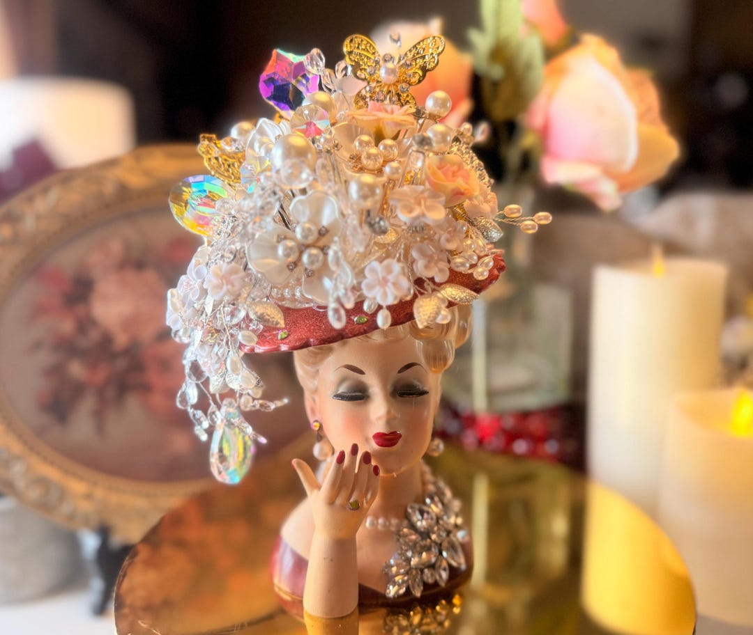 Napcoware, C3307, Lady in Red, Head, Vase, Blonde, Pearl Jewelry