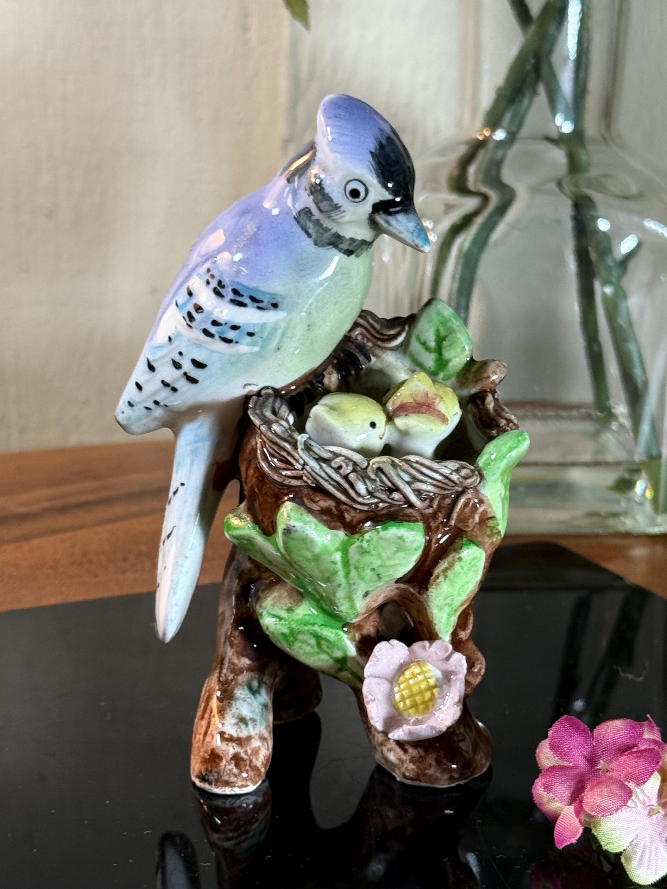 Vintage Porcelain Blue Bird Statue,, With Nest, Japan, 5