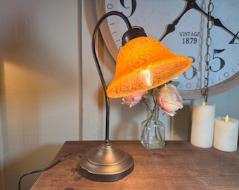 Vintage, Table, Accent Lamp, Amber Spotted Glass, Bronze, 16", 1990s   K6/17