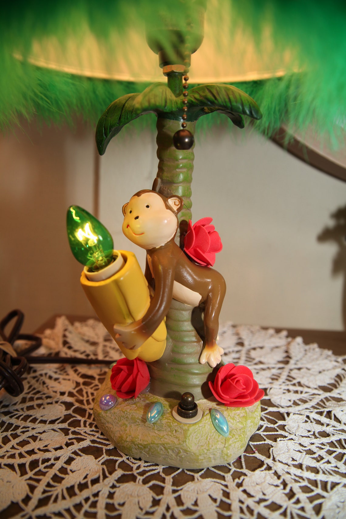 Vintage Decorated Monkey Table Lamp Holding Banana Night Etsy