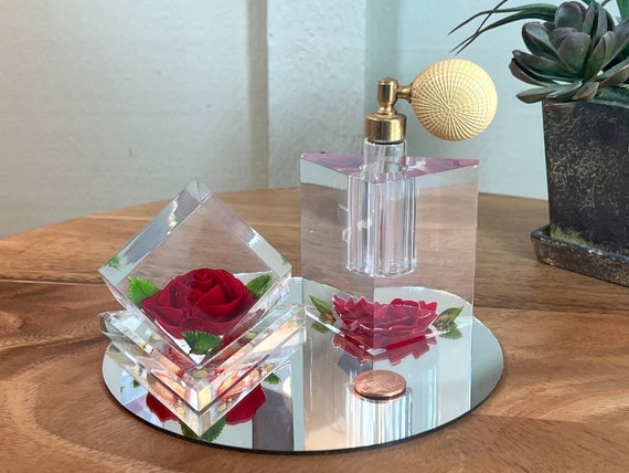 Vintage, 3 piece, Vanity Set, Red Rose, Acrylic, … - image 1