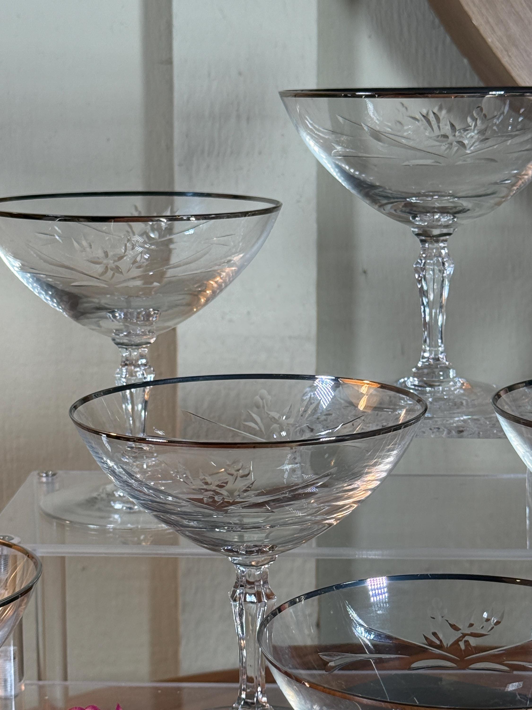 8個セット、ヴィンテージ、シルバーリム、エッチングカットガラスの花