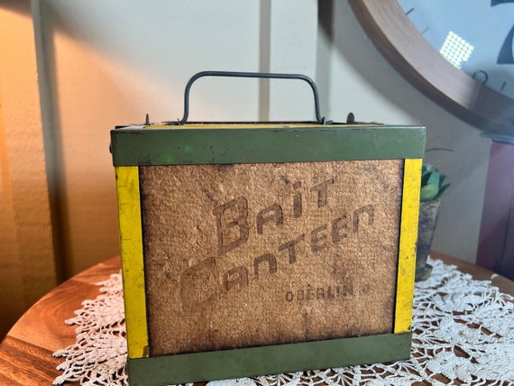 Vintage, Bait Canteen, OBERLIN, Cork and Meta,l Worm Box, Bedding