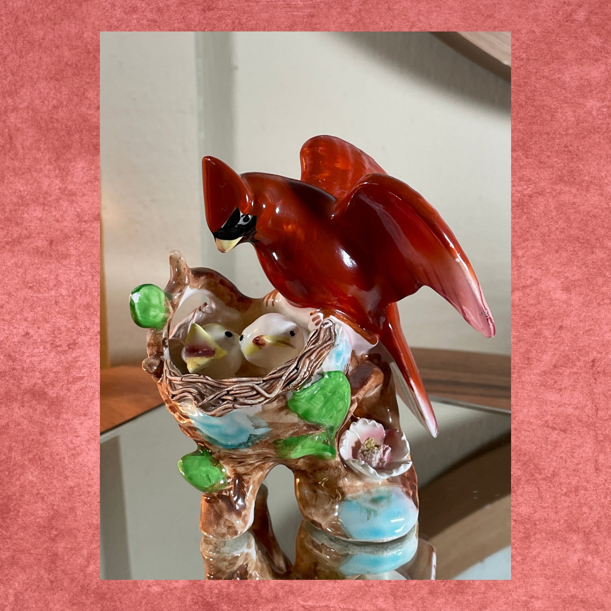3 Red Cardinals , Cardinal Family, Ceramic, Vintage, 6 Inch