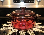 Corning Visions Ware Cranberry Round Casserole Bowl 1156 2 qt Quart, Range Freezer DISH w Lid B71-6-21 1