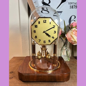 Vintage, Large, Glass Dome, Art Deco, Anniversary Clock, Mechanical, 12.5&quot;, Key Wound, Made in Germany, 1950&#39;s   L12/8
