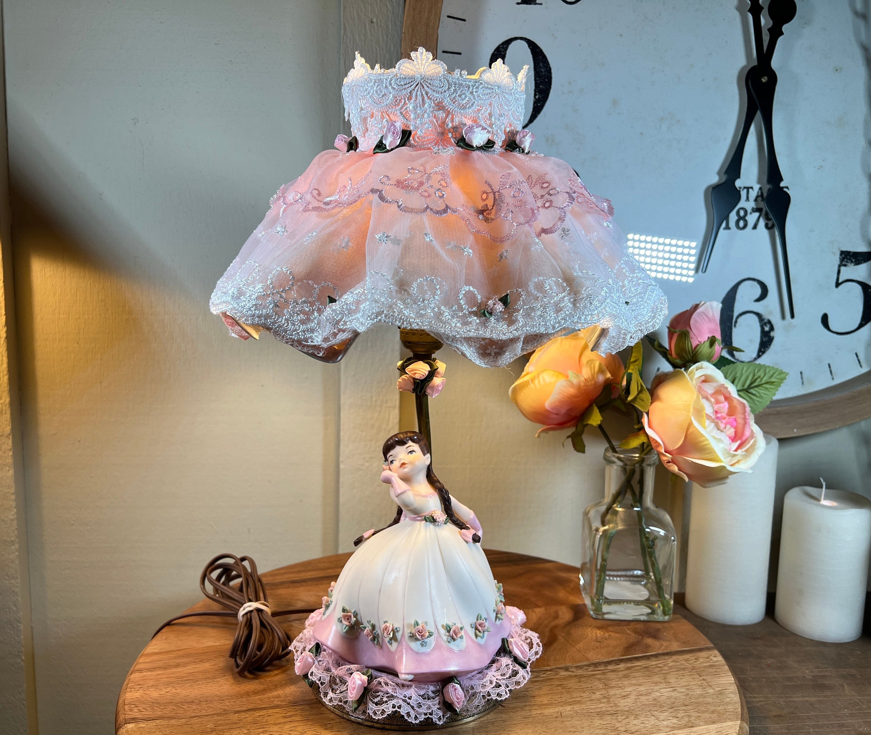 Vintage, Flower Girl, Porcelain, Big Dress, Lamp, With Ruffle Lace