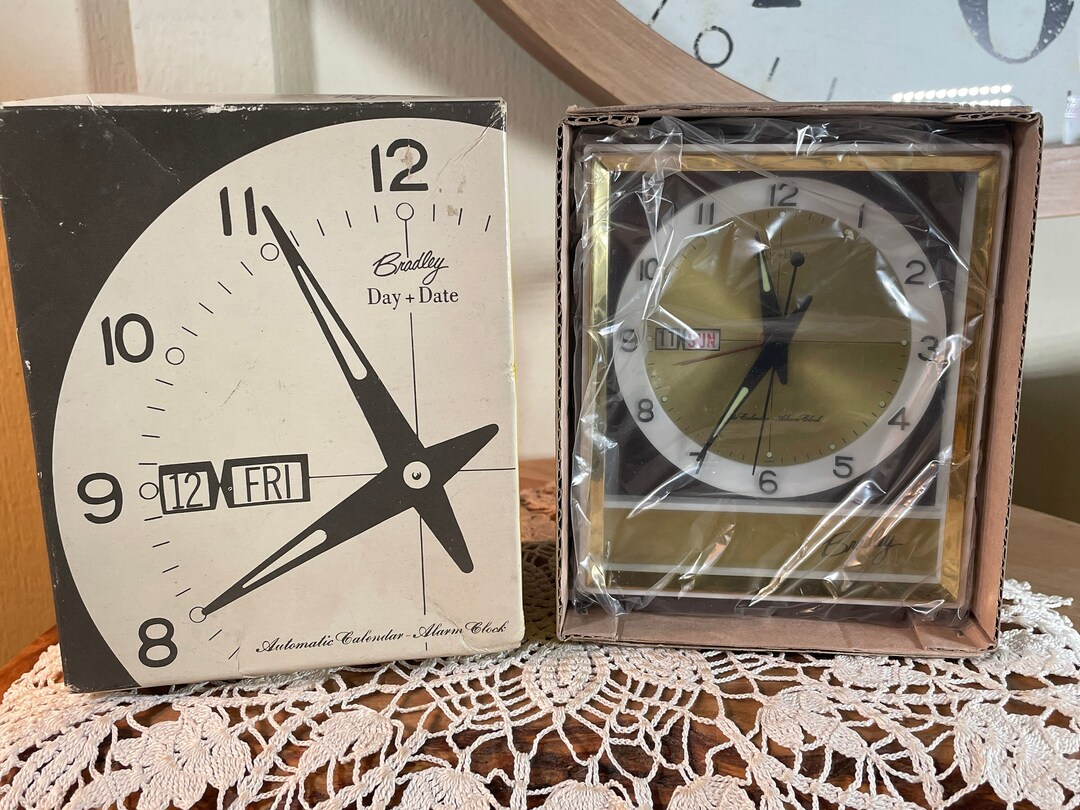 Vintage, Bradley Alarm Clock, Mid Century, Windup, Day, Date, Calendar, Japan Made, NOS, Gold