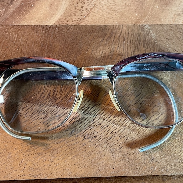 Vintage Mens Horn Rim Metal Frame Eye Glasses, Tortoise Shell, Curved Arms, Prescription, 1040's, 1950's     (#1)   B66-6-7