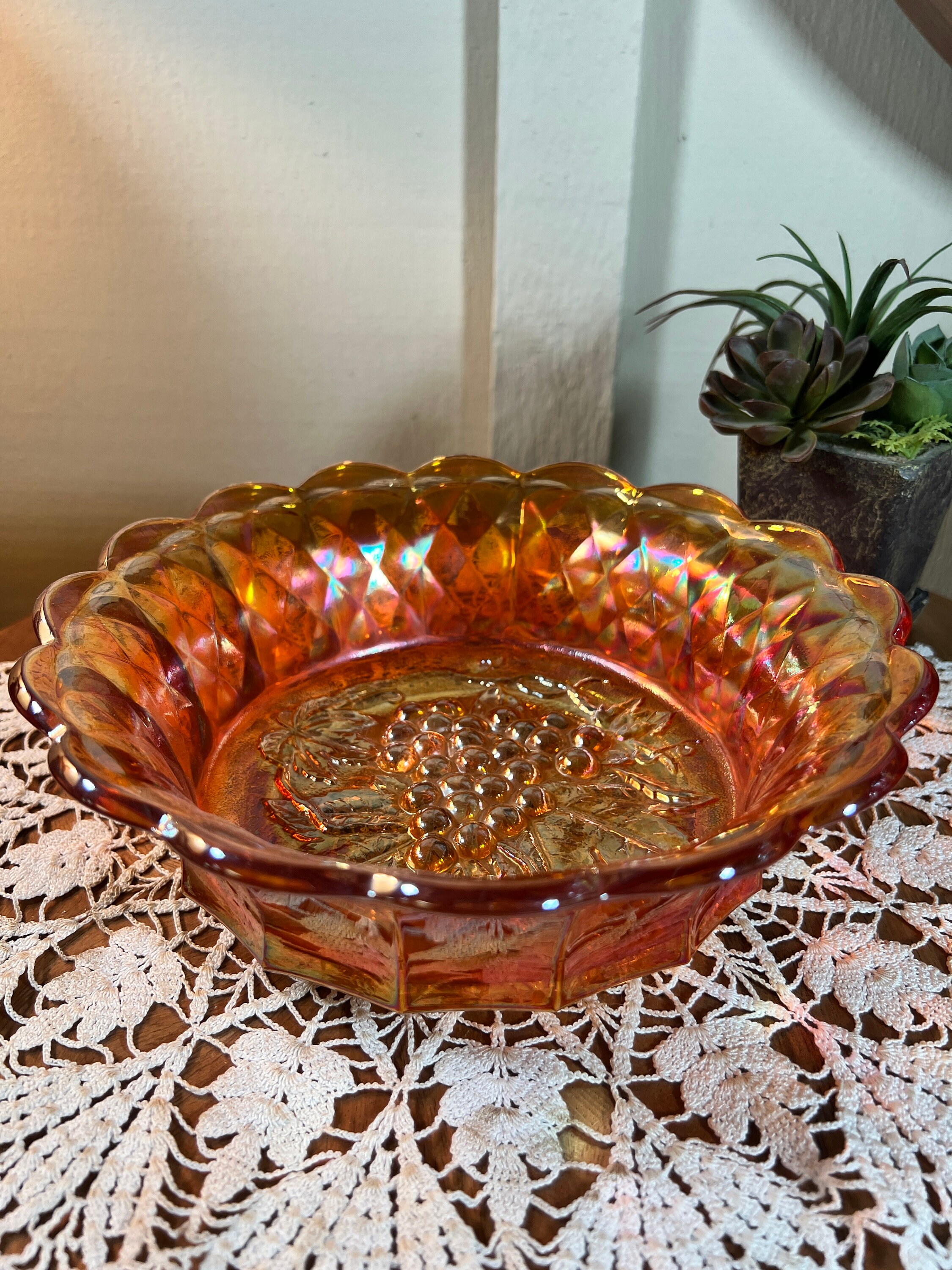 Vintage, Fenton, “grapes, Grape Vine” Marigold, Iridescent