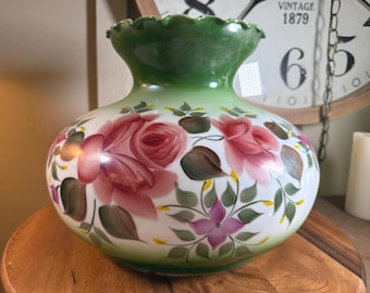 Vintage, White, Green, Burgundy, Purple Hand Painted, Floral, Rose, Milk Glass,  Hurricane Lamp Shade, 13&quot;, 1960&#39;s   K6/20