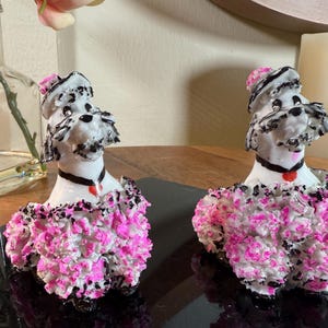 Vintage, Poodle Dogs, White Porcelain, Scotty Hats, White. Pink, Black, 3.5&quot;, 1960&#39;s    B91-6-20
