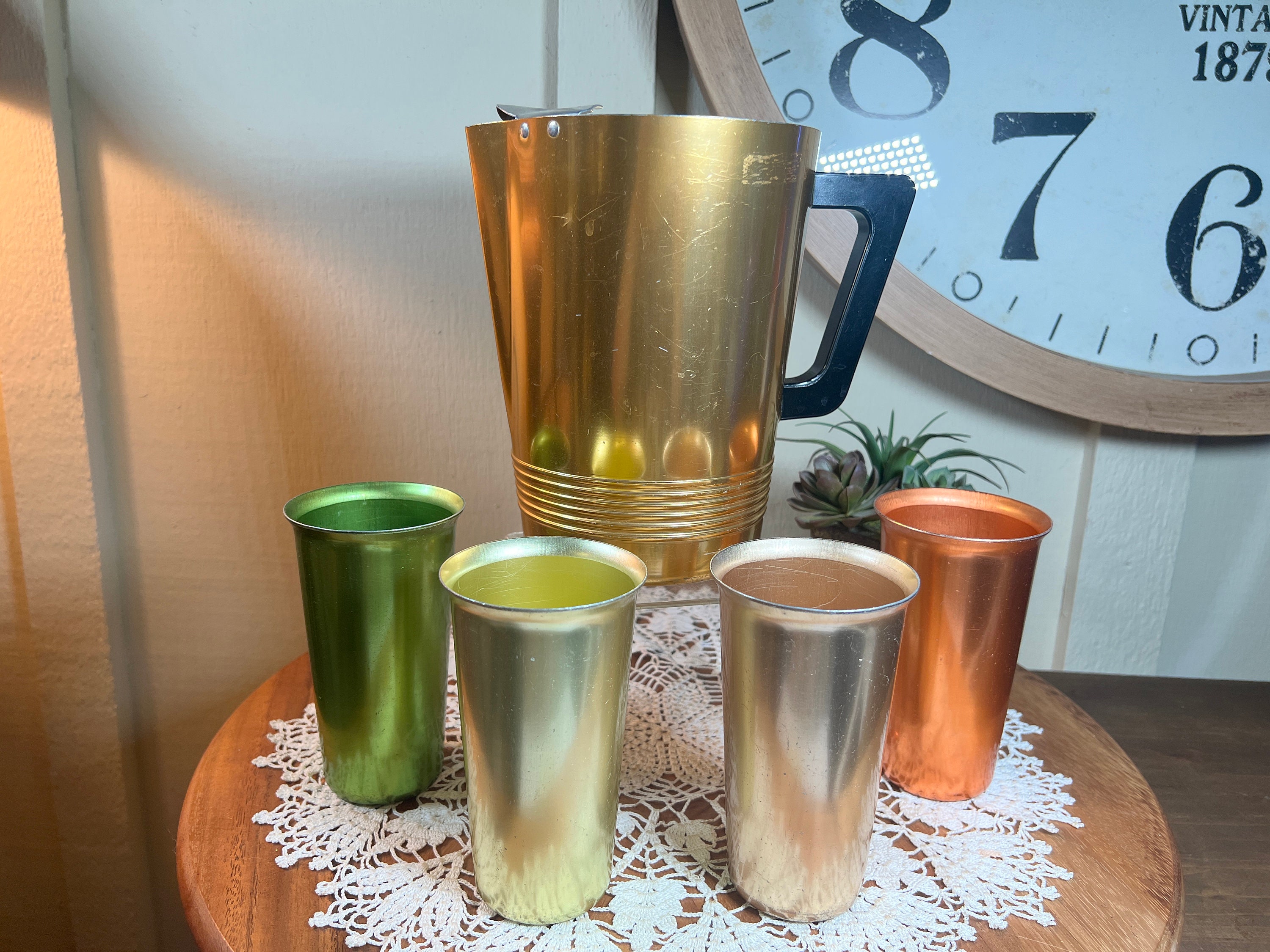 Vintage MCM Aluminum Pitcher Set 5 Pc., 4 Cups, 1 Pitcher Vintage MCM Aluminum Pitcher Set 5 Pc., 4 Cups, 1 Pitcher