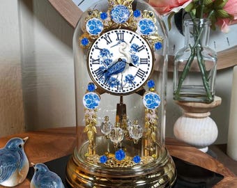 アンティーク　機械式置き時計　ドイツ製　Schatz社 W1 アール・デコ？ Vintage, Large, Glass Dome, Gold-teal, Schatz, Anniversary Clock
