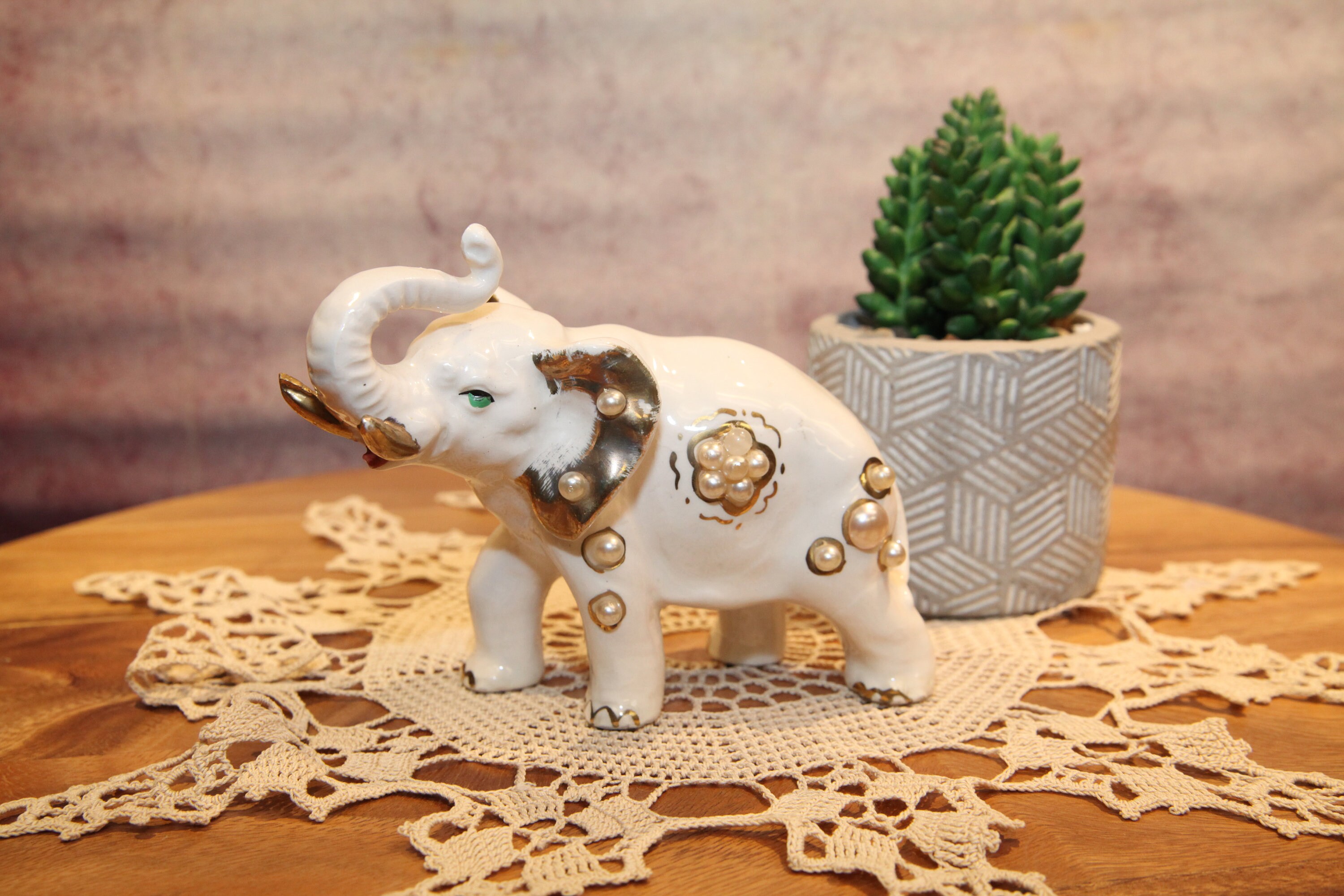 Vintage Ornatly Decorated, Pearls, Porcelain Elephant, Japan, 5