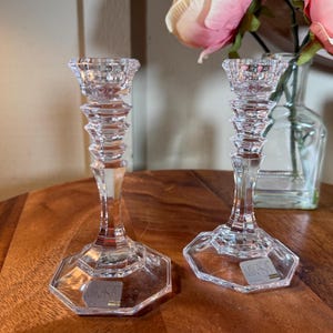 Vintage, Lead Crystal, Cut Glass, Candle Stick Holders, 5.5&quot;, 1990&#39;s, Mikasa, Colonnade, Austria, Tapered Candles   B73-5-14
