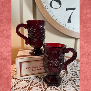 2 Vintage Ruby Red, Avon, Mug, Mug with Handle, Cape Cod Pattern, Cranberry Glass, Red, Ruby, 1978, 5&quot;   B1-5-22