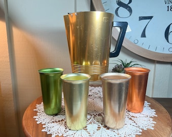 Vintage MCM Aluminum Pitcher Set 5 Pc.,  4 Cups, 1 Pitcher, Multi-color, Green, Copper, Gold, USA, 8 Inch,    B115-9-5