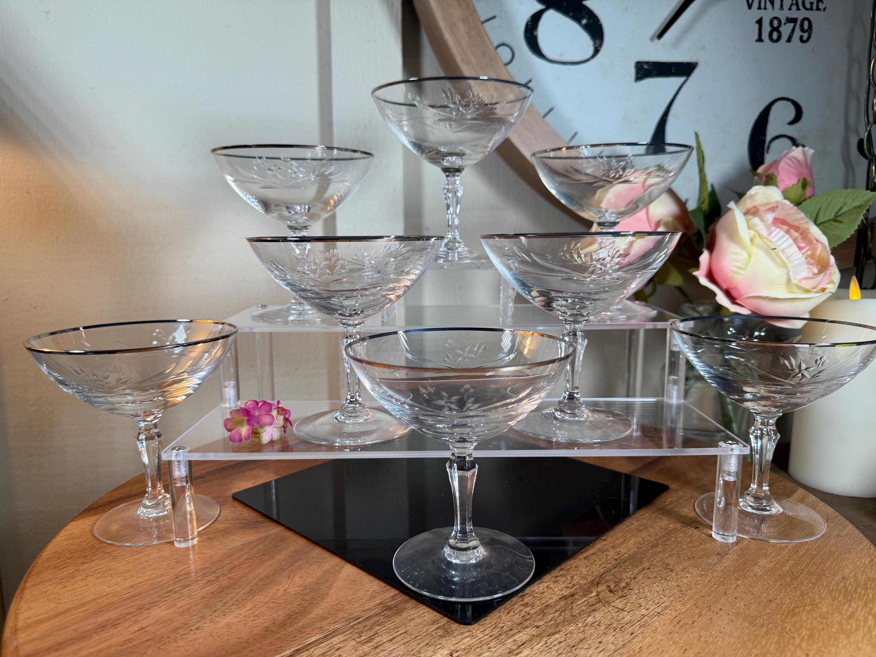 8個セット、ヴィンテージ、シルバーリム、エッチングカットガラスの花