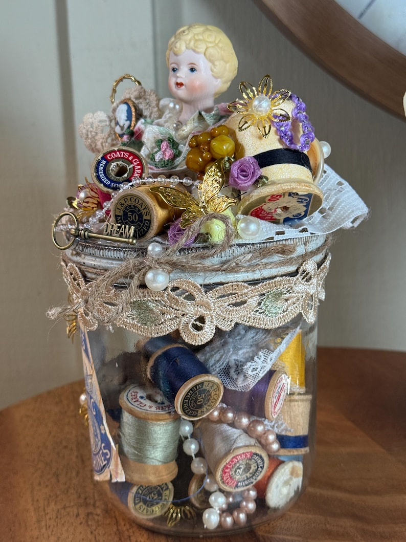 Antique Jar With Wood Spool Threads, Altered Art, Configuration, Hand ...