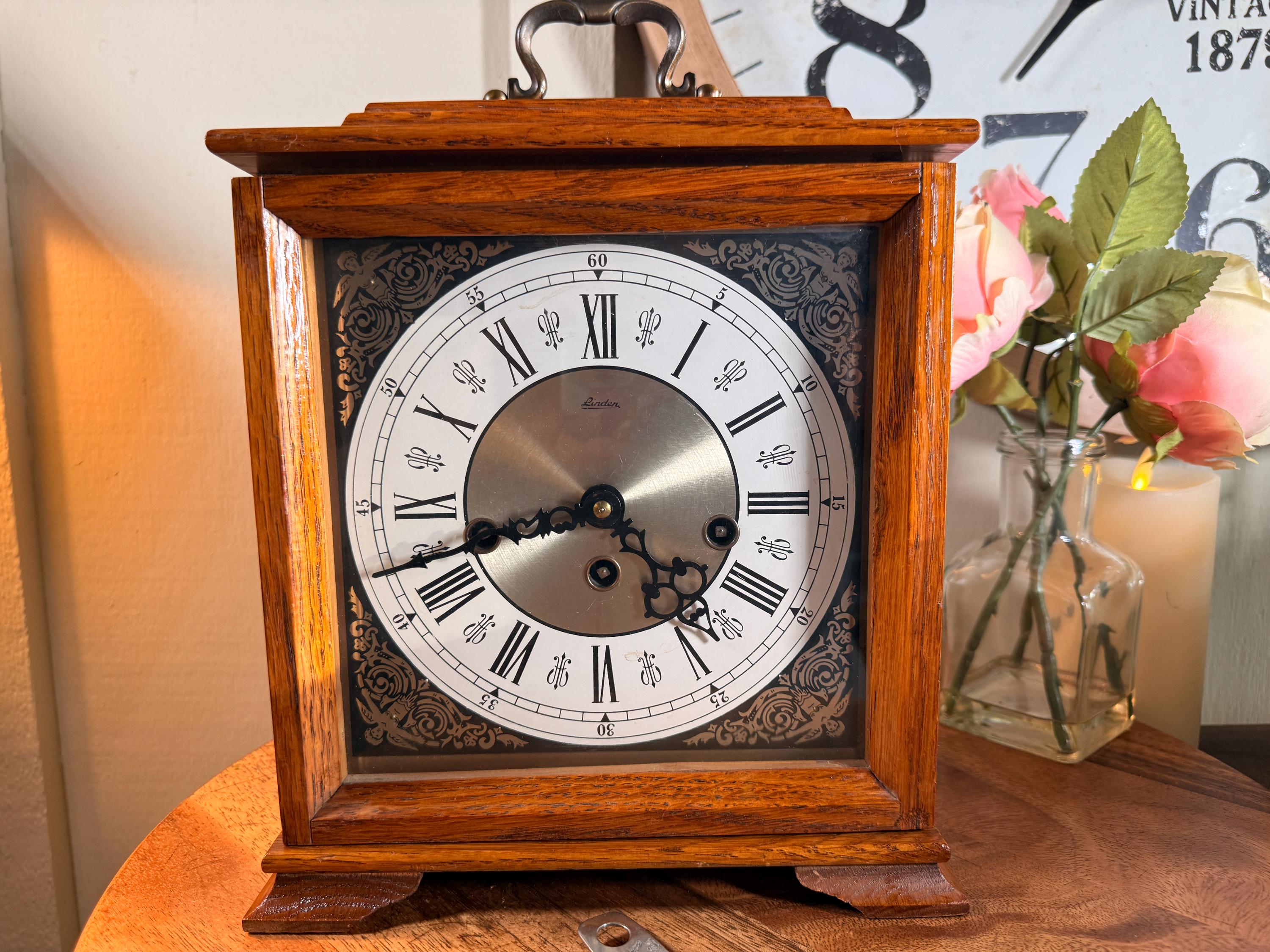 Vintage, Linden, Bracket Clock, Square, Oak, Wood, Mantel Clock, 8