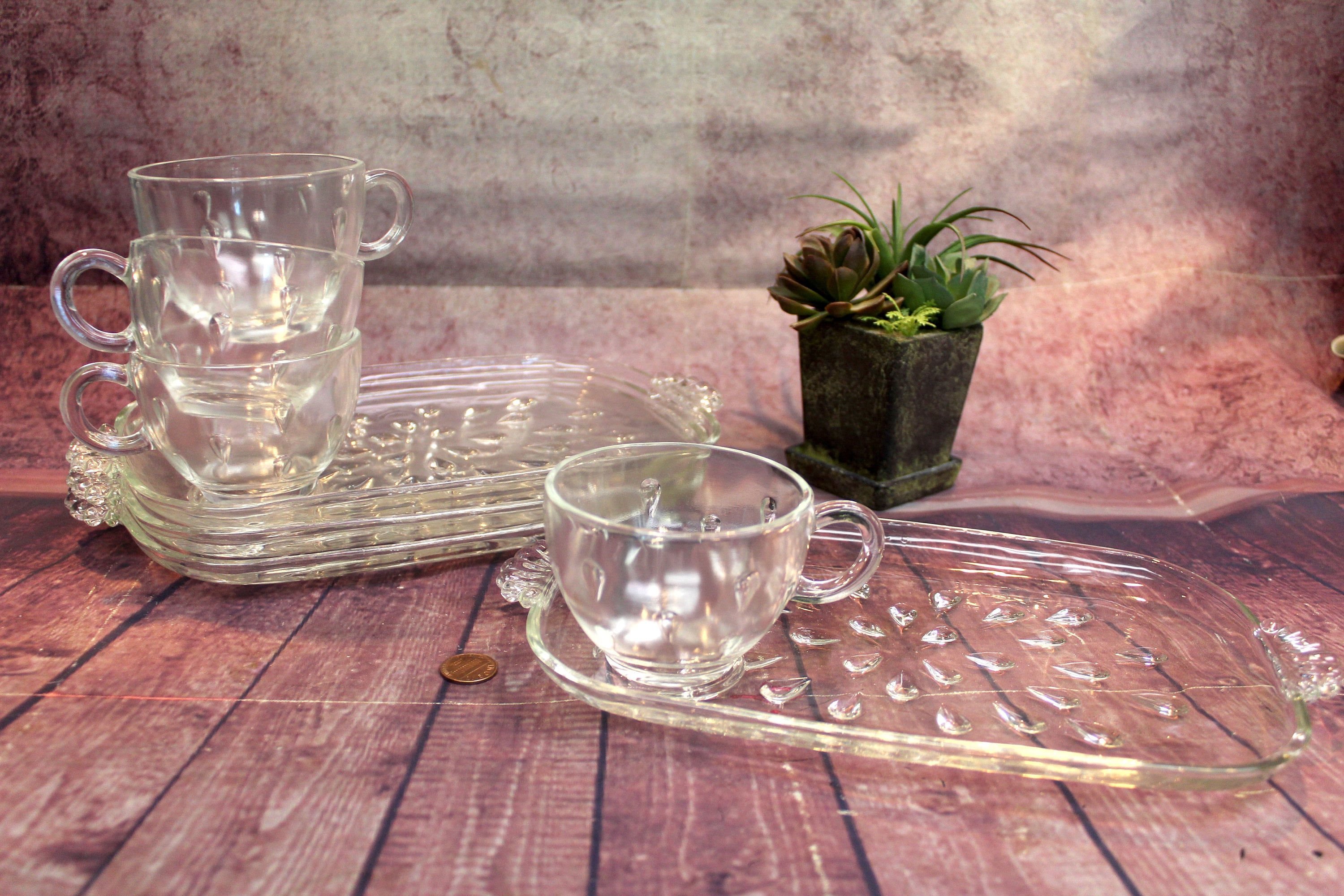 Vintage Clear Anchor Hocking, Glass Cup & Platter Snack Set, 8