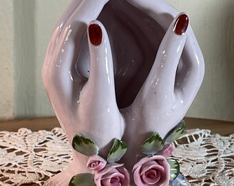 hand Flower 手 花瓶 オブジェ Vintage Hand Painted Porcelain, 6.5