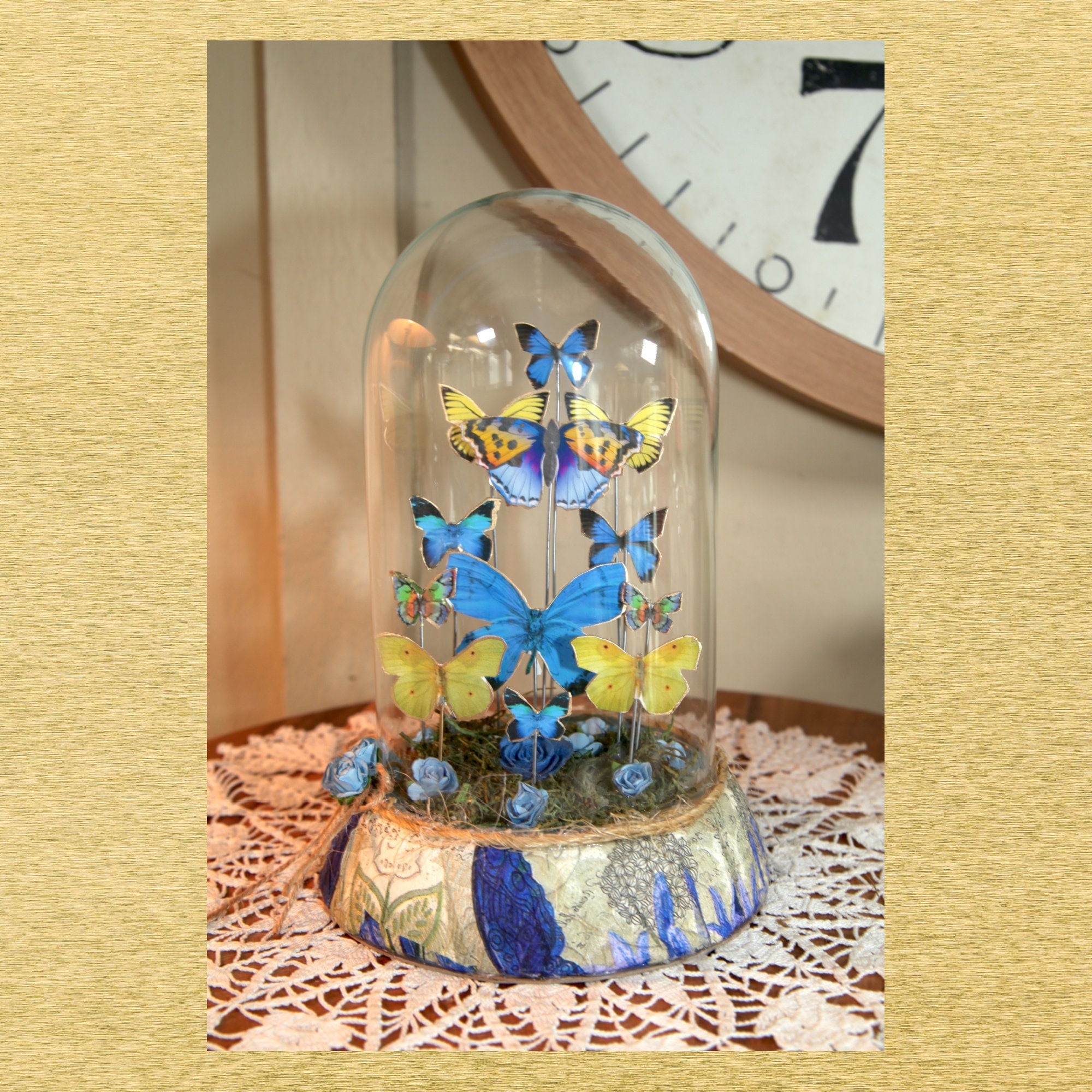 Vintage Handmade Glass Butterfly Dome, Blue, Yellow & Brown Butterfly's, Faux 9" | #17 Basm