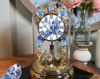 Vintage, Large, Glass Dome, Gold-teal, Schatz, Anniversary Clock