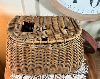 Cle Trefle Panier Créel En Osier Vintage Pour Pêche à La Mouche - Avec Bandoulière Et Couvercle à Loquet Corbeille Osier