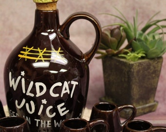 Vintage Wild Cat Juice Ceramic Jug With Stopper Bottle & 8 Small