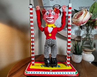 Vintage, Ohio Art, Tin Litho, Acrobat, Toe Joe Toy, CIRCUS CLOWN, Industrial Art, 15 Inch, 1950's   B103-10-28