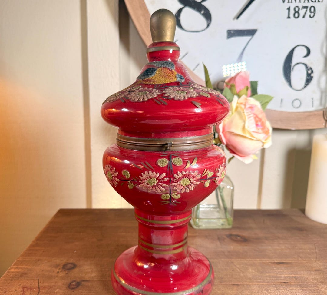 Antique, Czech, Bohemian Glass, Decanter, Red, Coralene, Tantalus