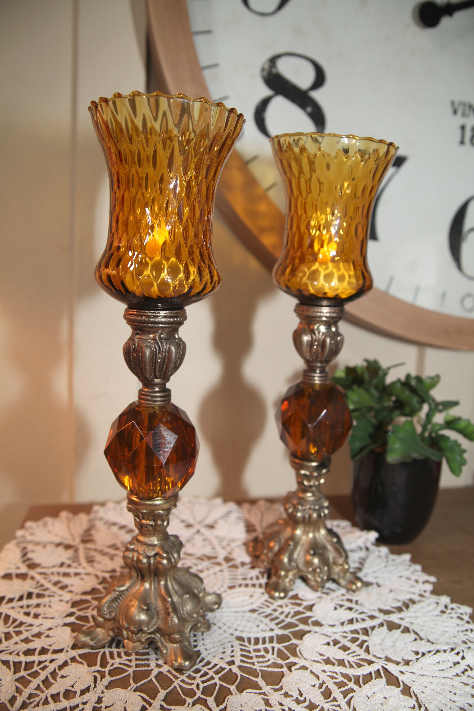Vintage Tall Swirl Amber Glass Candle Stick Holders Facited Etsy