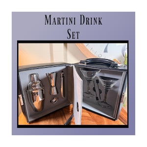 Minibar vintage, Martini, juego de bar de viaje, marca Geoffrey Bean, juego de bebidas de 8 piezas, con estuche con cerradura, 8" B35-3-12