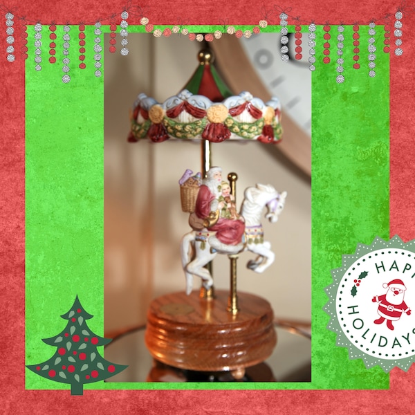 Vintage Musical Porcelain Christmas Carousel Horse with Santa & Little Girl, Willitts Co. 10", 1990   B63-8-22