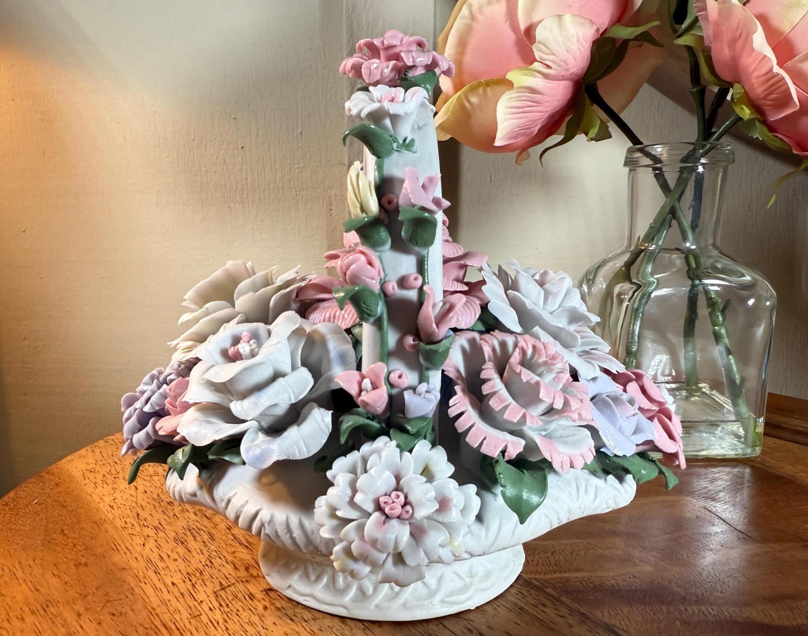 Vintage, Bisque, Porcelain, Flower Basket, 7