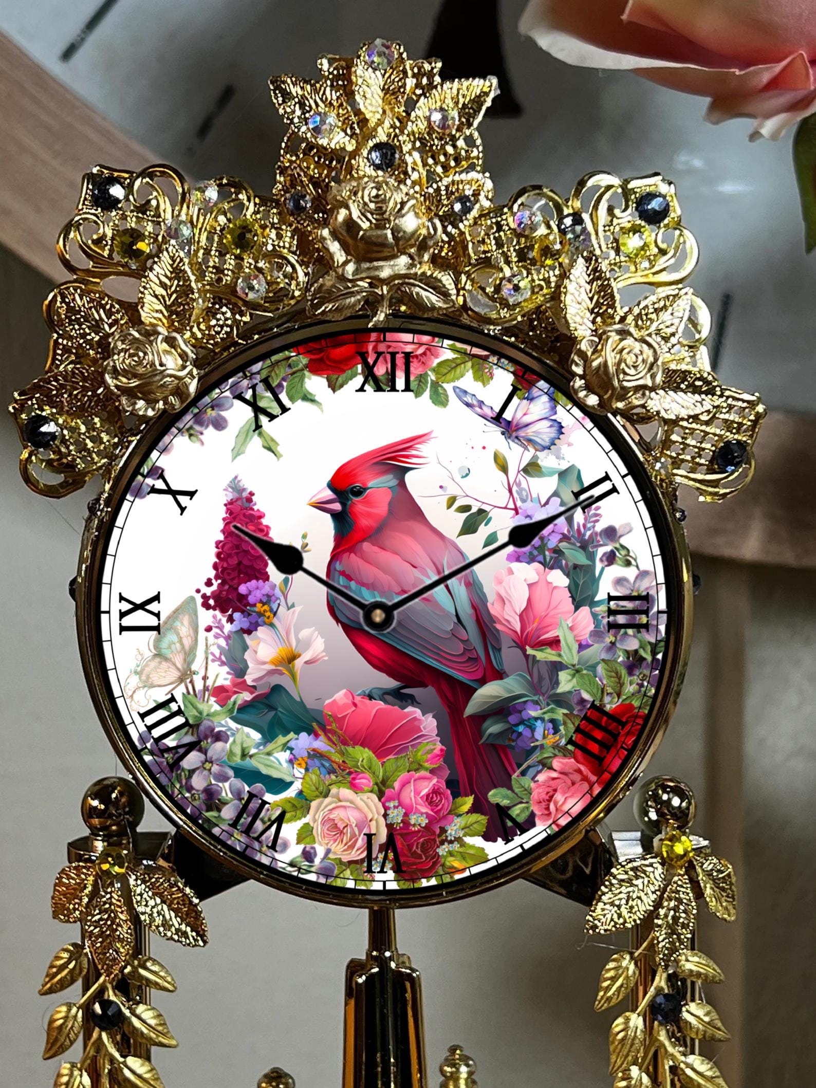 Bulova, Hand Decorated, Red Cardinal, Bird, Anniversary Clock, Ornate ...