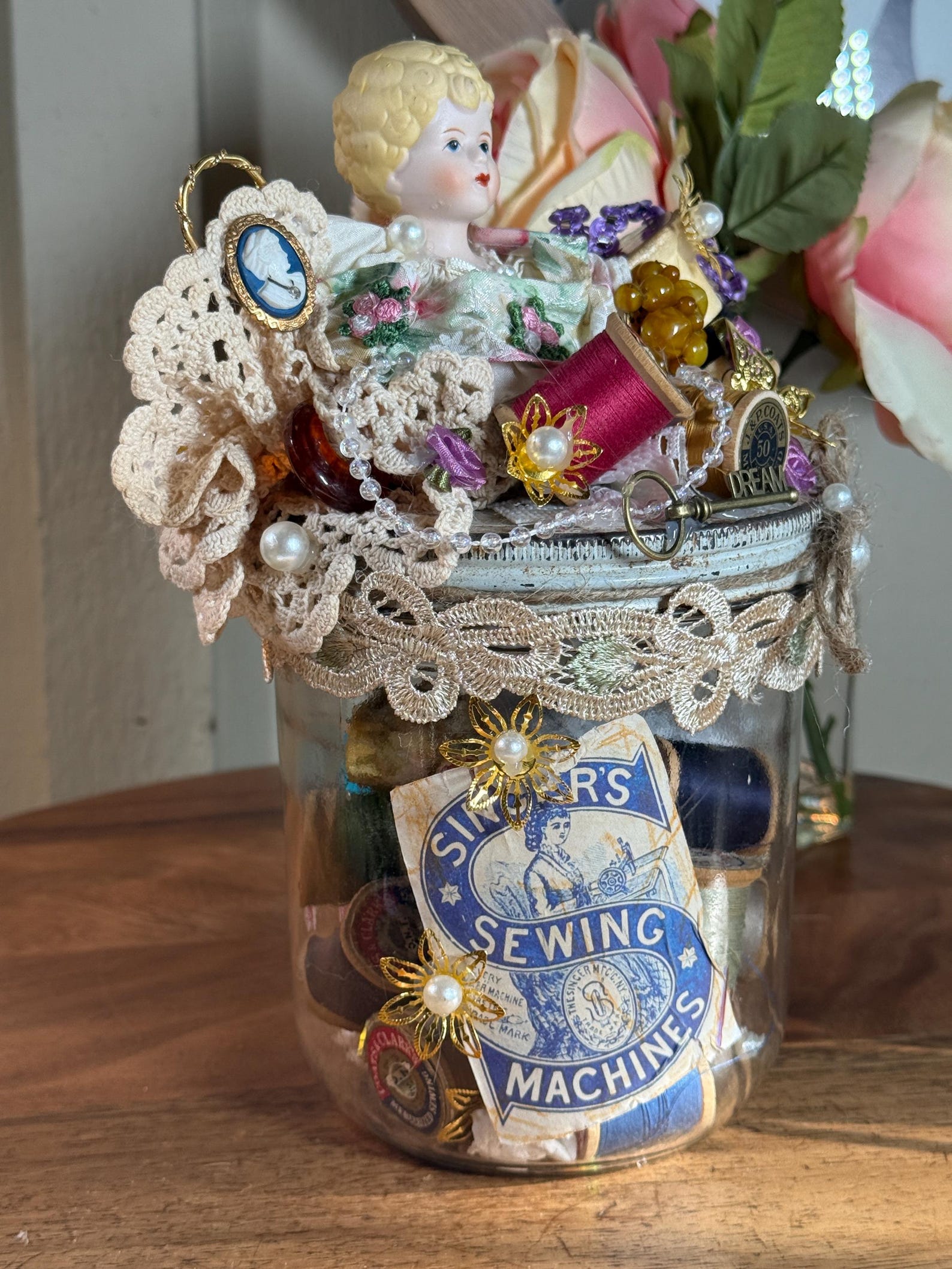 Antique Jar With Wood Spool Threads, Altered Art, Configuration, Hand ...