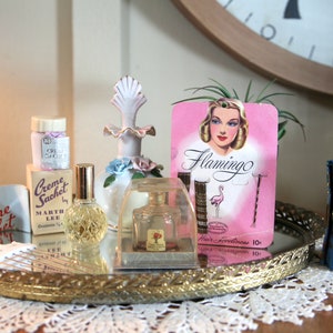 Ormolu Make Up Vanity Mirror filled with Vintage Vanity Items, Perfume Bottle, Lip Stick Holder, Cream Sachet    B79-11-14