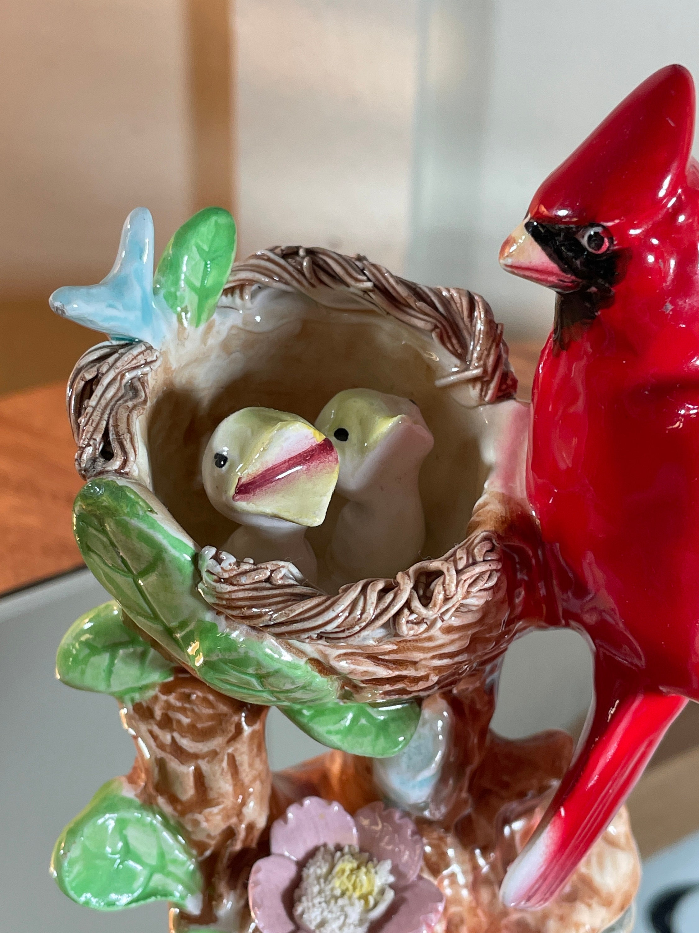 3 Red Cardinals , Cardinal Family, Ceramic, Vintage, 5 Inch