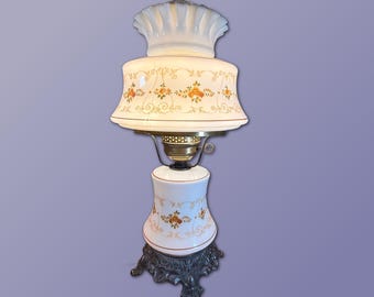 Vintage, Abigail Adams Quoizel, Floral, Milk Glass, Hurricane Lamp, Remake, Electric 21", 3 Way Switch, Medium Size, 1970's   K1/24