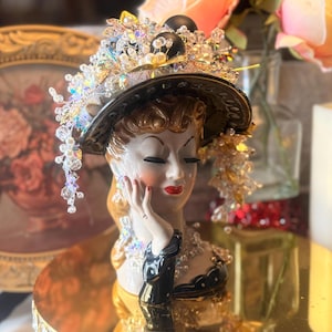 Porcelain, Lady in Black, Head, Vase, Blonde-Brunette, Matching Hat, Pearl Jewelry, 9.5&quot; Jeweled Lady, Hand Designed, 9.5&quot;, 1960&#39;s   #54-3S