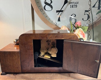 Vintage, Art Deco, Mechanical, Burlwood, Mantle Clock, Desk Clock