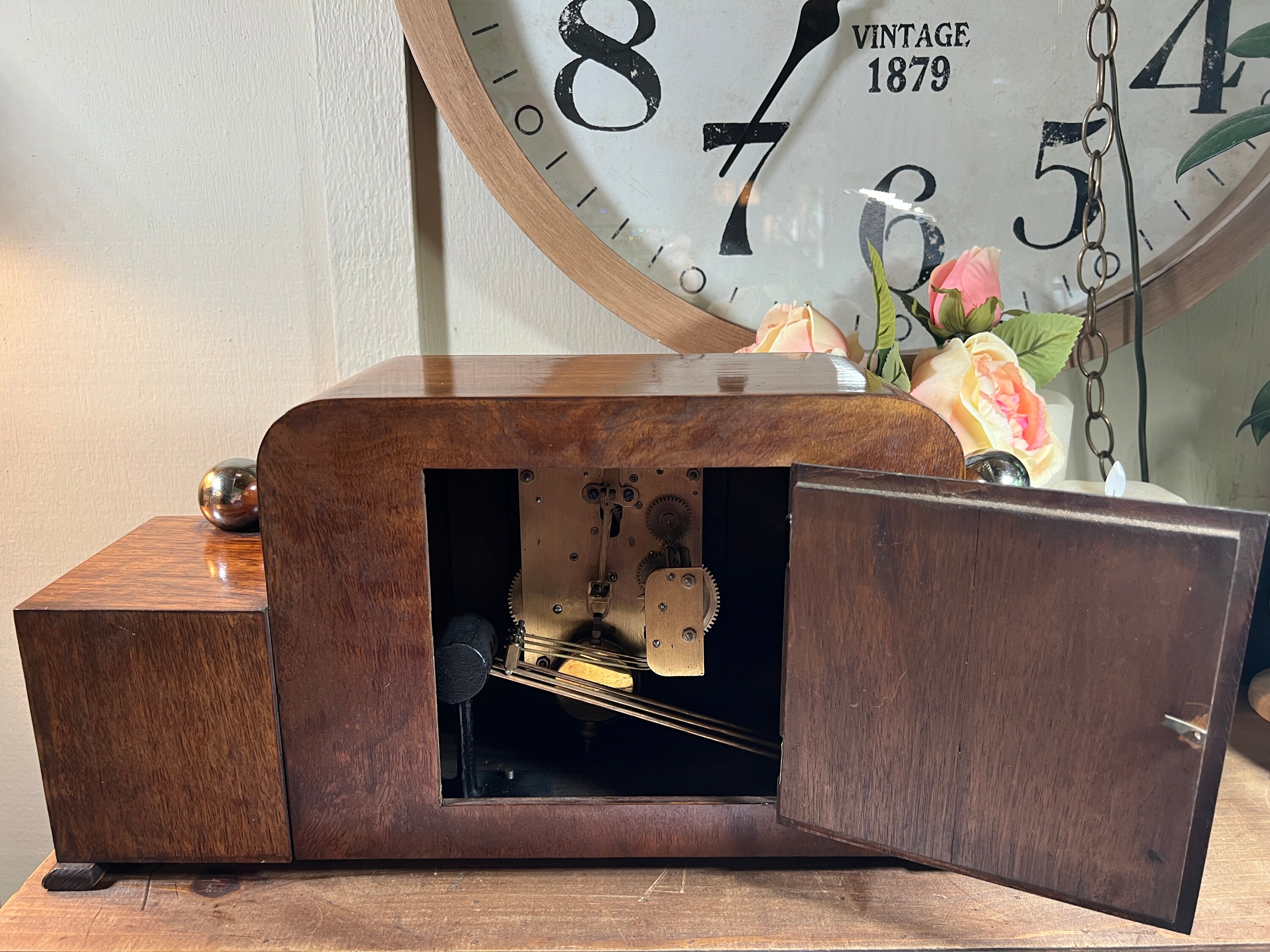 Vintage, Art Deco, Mechanical, Burlwood, Mantle Clock, Desk Clock